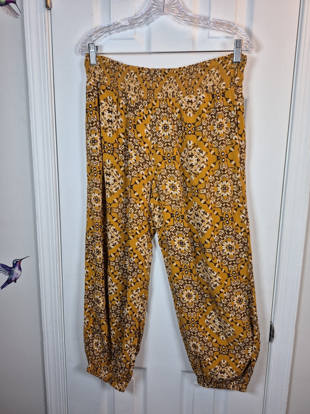 Maxine Nichols Mustard Yellow Boho Smocked Harem Pants Floral Medallion Joggers